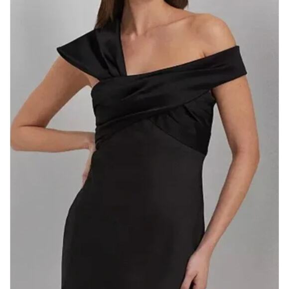 Lauren Ralph Lauren Satin Slip Cocktail Dress, Asymmetric Shoulder | 6 Black NWT - Picture 2 of 16